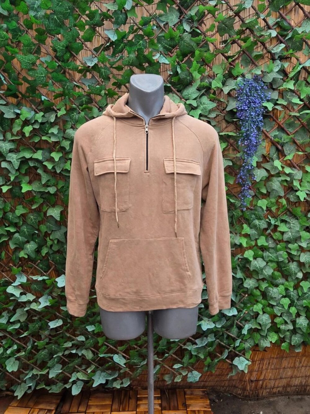 Women's Quarter Zip Hoodie XXL Tan Fleece Lined Chest Pockets Kangaroo Pocket